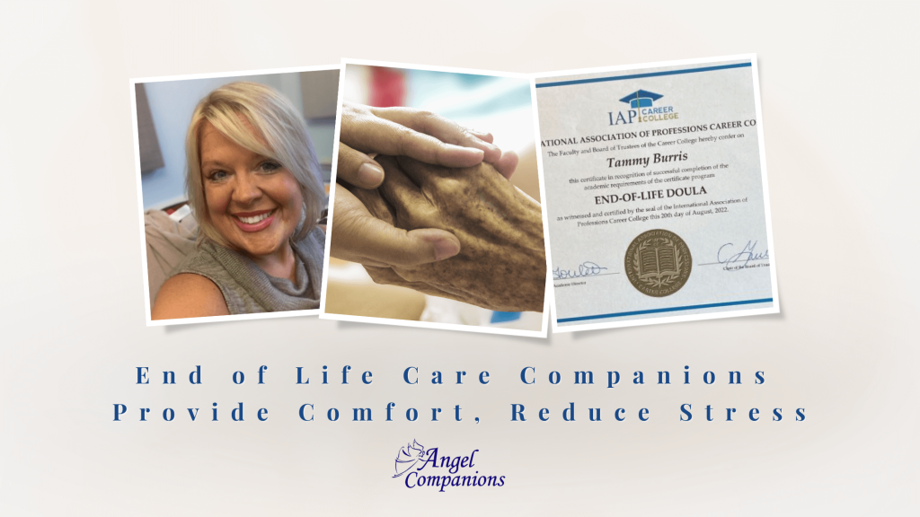 End of life advocate, certification photo and older and younger pair of hands.